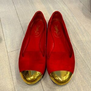 Auth YSL gold tap toe flat 38 red suede